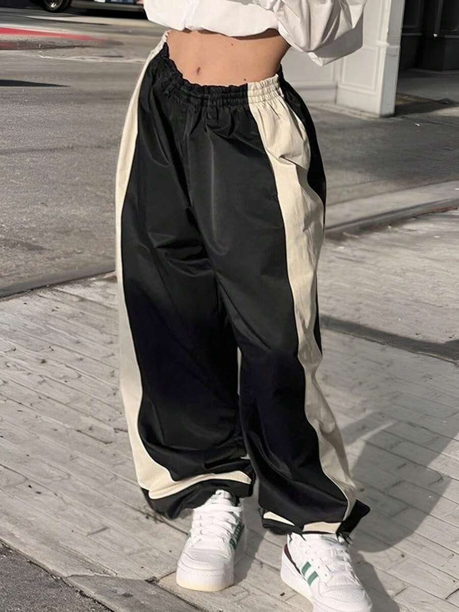 SHEIN EZwear 女士編織拼色寬鬆彈性腰帶,帶有肋條袖口寬褲 - 黑色 - 查看 1