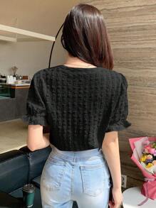 DAZY 纯色纹理泡泡袖女式T恤夏季，荷叶边，教师装 - 黑色 - 查看 4