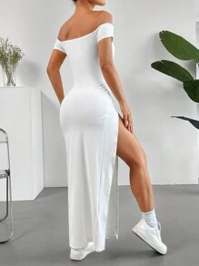 SHEIN EZwear Off Shoulder High Slit Dress - White - View 2
