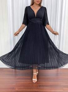 Celure Plus Size Women's Elegant Deep V-Neck Ruffle Short Sleeve Long Pleated Dress With Flowy Hem, Summer