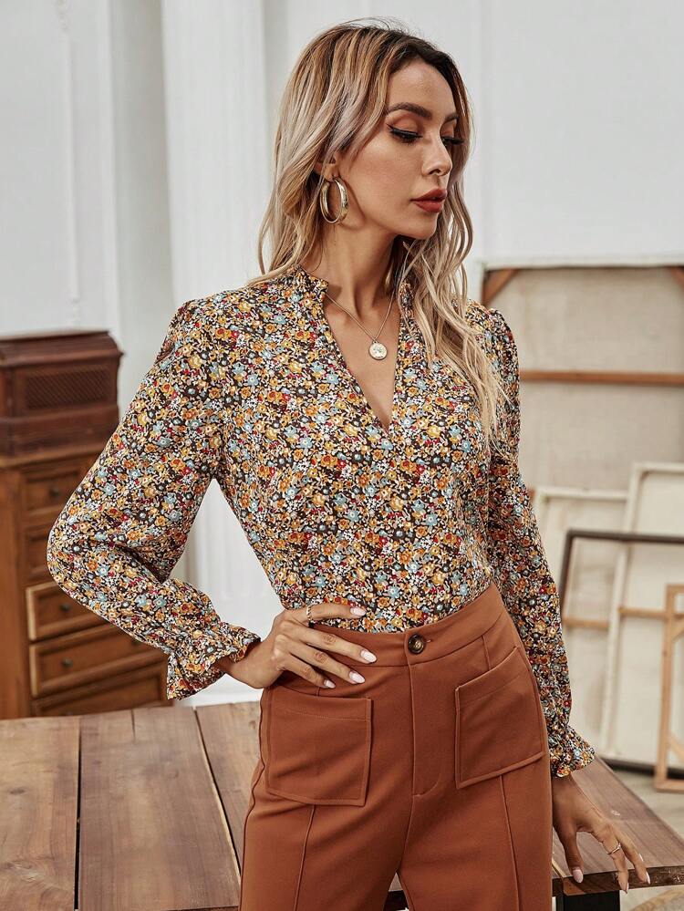 Ditsy Floral Notched Neck Flounce Sleeve Blouse,Long Sleeve Tops Winter Vacation Flower