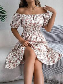 Women's Casual Vacation Puff Sleeve Drawstring Short Sleeve Ditsy Floral Dress, Spring/Summer