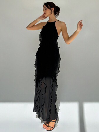 Aloruh 春夏优雅度假露背多层荷叶边纯色女神风无袖连衣裙，具有修身和增高效果，女士优雅无袖细肩带常规版型长款黑色纯色紧身女式长裙，春夏，派对/夜店服装