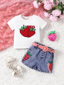 Conjunto de verano para bebé niña con camiseta de manga corta estampada de fresa y pantalones cortos de mezclilla bordados con fresas - Blanco - Ver 3