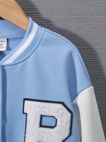 SHEIN Chaqueta casual de manga larga con cuello de béisbol para niña preadolescente con bloque de color y botón frontal