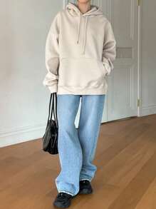 Dazy-Less Women's Casual Loose Fit Thermal Lined Hoodie Sweatshirt, Long Sleeve, Autumn/Winter - Beige - View 2