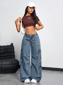 SHEIN EZwear 女式宽松休闲牛仔裤，带口袋、褶皱和阔腿设计，女士休闲纽扣、口袋、拉链低腰阔腿长蓝色妈妈款宽松女式牛仔裤，春季/秋季，休闲日常穿着 - 藍色 - 查看 6