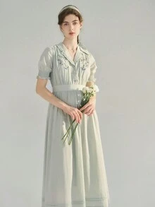 Simple Retro 女性刺繡蕾絲褶皺v領長裙 - 薄荷綠 - 查看 5