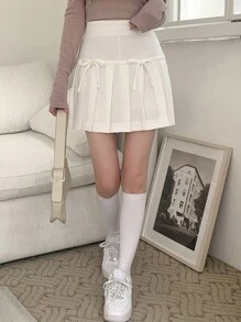 DAZY 女式纯色褶饰蝴蝶结腰带迷你裙秋季半身裙 - 白色 - 查看 3