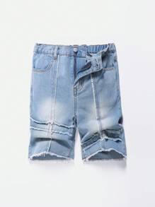 SHEIN Tween Boys'Summer Casual Vintage Washed Patchwork Rough Edges Loose Straight Leg Blue Denim Short,For Summer - Light Wash - View 1