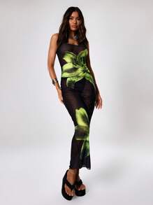 MUSERA Sexy Printed Sheer Mesh Maxi Dress Vacation Spring Sheer Floral Flower Boho Summer Wedding Guest Ibiza Holiday Beach Night Out Wedding Guest, Elegant, Date Night, Christmas, , Fall, Winter