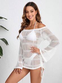 SHEIN Swim Ladies' See-Through Off Shoulder Long Sleeve Solid Color Dress With Cover Up Summer - White - View 1