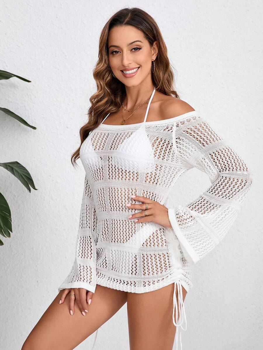 SHEIN Swim Ladies' See-Through Off Shoulder Long Sleeve Solid Color Dress With Cover Up Summer - White - View 1