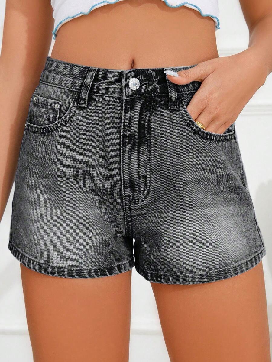 SHEIN Frenchy Của phụ nữ Giải trí Đơn giản Quần short Denim Đối với Mặc hàng ngày - Màu xám đen - Xem 1