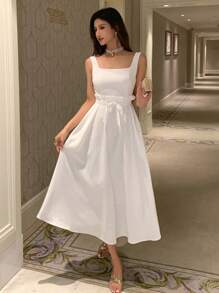 DAZY 女士纯色方领优雅夏季连衣裙，宽肩带舞会礼服，太阳裙，婚礼礼服