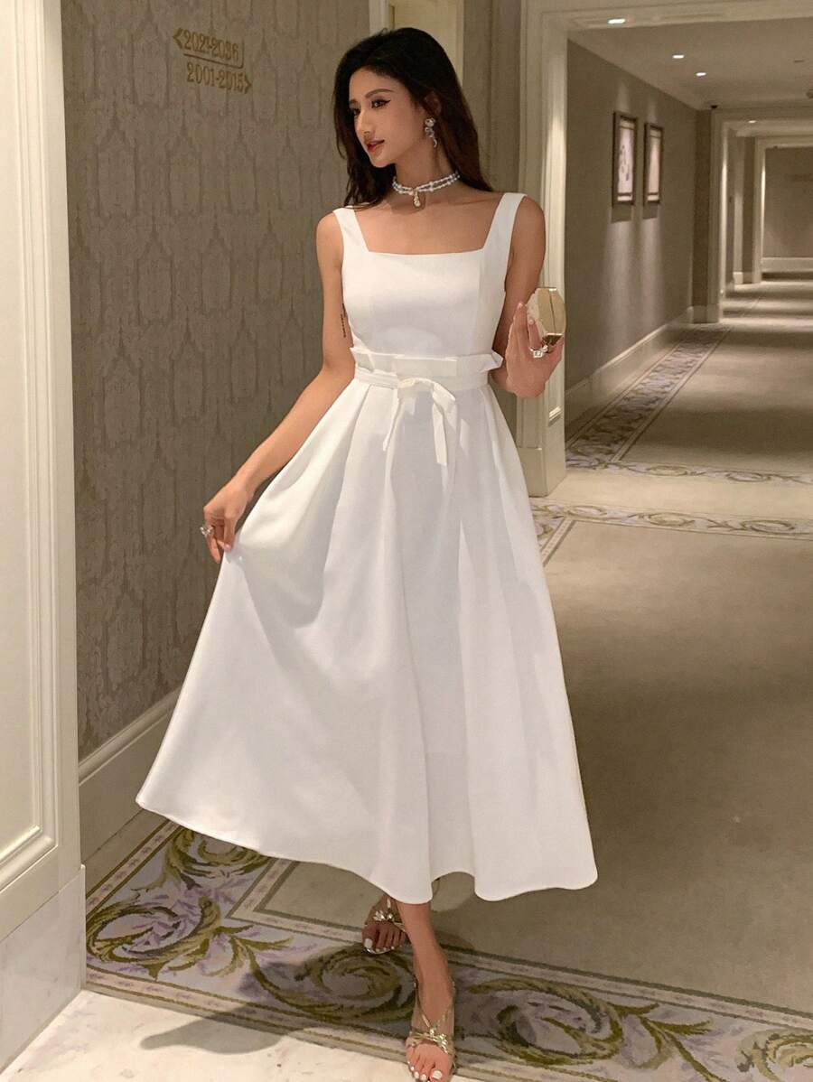 DAZY 女士纯色方领优雅夏季连衣裙，宽肩带舞会礼服，太阳裙，婚礼礼服