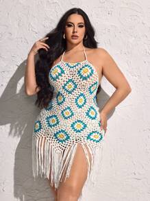 SHEIN SXY Plus Size Halter Neck Hollow Out Tassel Midi Dress - Multicolor - View 7