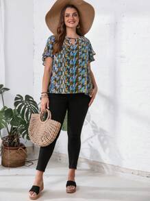 EMERY ROSE Plus Size Women'S Keyhole Neckline Butterfly Sleeve With All-Over Leaf Print Flower Shirt For Summer