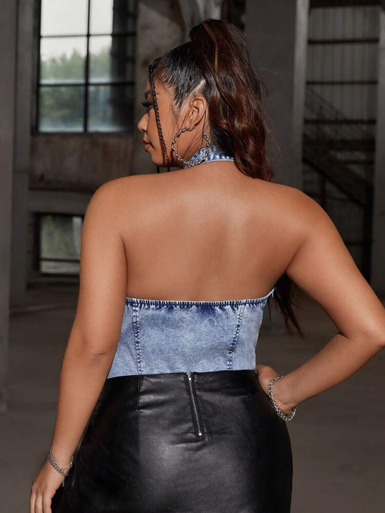 Plus Size Denim Jumpsuit, Street-Style Sexy Sleeveless Hollow-Out Design With Halter, Blue