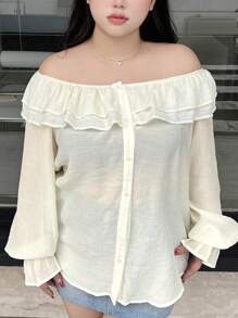 Dazy Petite Plus Camisa de manga larga con volantes y hombros descubiertos de unicolor, informal, para primavera/verano, tallas grandes, blusa de hombros descubiertos, ropa de mujer para otoño - Blanco - Ver 1