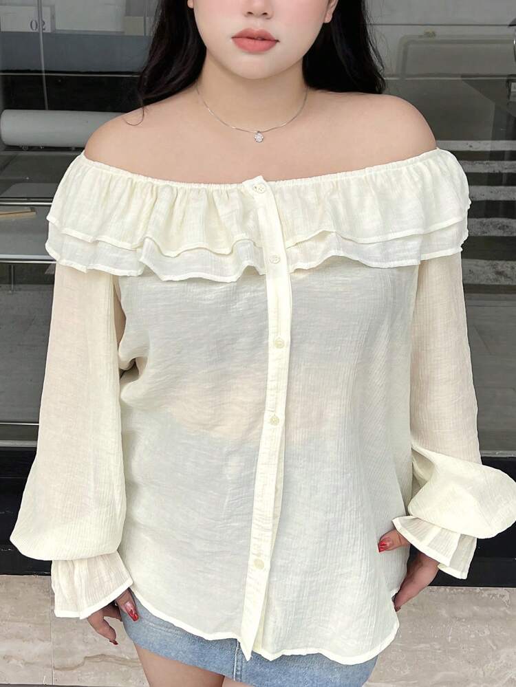 Dazy Petite Plus Plus Size Spring/Summer Casual Solid Color Off-Shoulder Ruffle Long Sleeve Shirt,Off Shoulder Top,Fall Women Clothes