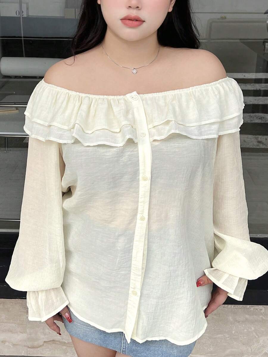 Dazy Petite Plus Camisa de manga larga con volantes y hombros descubiertos de unicolor, informal, para primavera/verano, tallas grandes, blusa de hombros descubiertos, ropa de mujer para otoño - Blanco - Ver 1