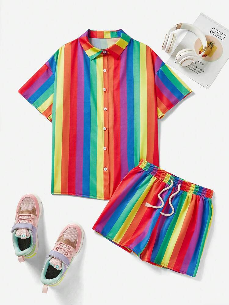 Women's Summer Holiday Casual Rainbow Striped Short Sleeve Shirt And Shorts Set