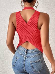 Chiquease Top de tejido sin mangas casual con cruces en la espalda de unicolor para mujer en verano - Rosado Sandía - Ver 1