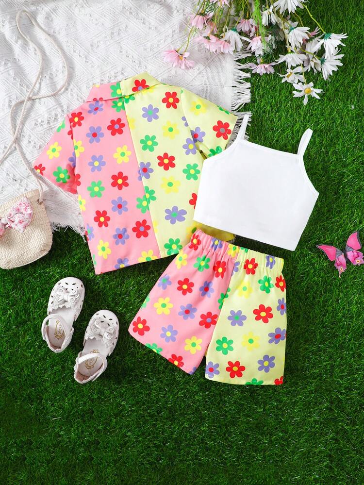 Baby Girl Printed Shirt & Strap Top & Shorts 3pcs Outfit Set
