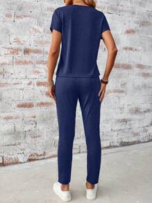 SHEIN LUNE Casual V-Neck Batwing Sleeve Summer Top And Pants Set For Women, Summer