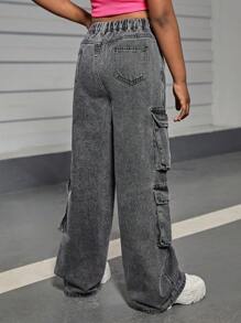 SHEIN Tween Girls Y2K Trendy Stonewashed Cintura Alta Perna Reta Cargo Jeans Com Bolsos De Aba Utilitários, Roupas De Calças De Verão Para Meninas