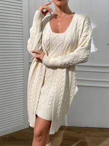 EURMUSE Elegant Cable Knit Square Neck Mini Sweater Dress & Cable Knit Cardigan 2 Piece Co-Ords - Beige - View 6