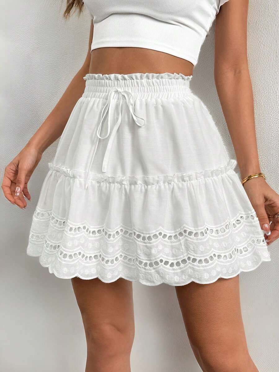 SHEIN Privé 女款白色刺繡花邊A字迷你裙，夏季款 - 白色 - 查看 1