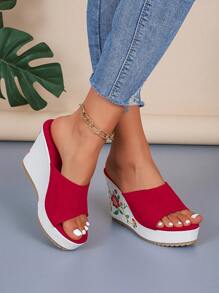 Women's Fashion Random Print Pattern Round Toe Anti-Slip Platform Wedge Sandals Valentines - Red - View 6