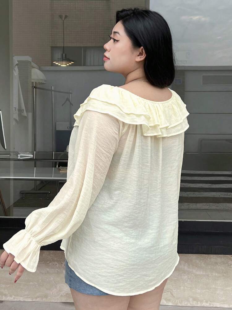 Dazy Petite Plus Plus Size Spring/Summer Casual Solid Color Off-Shoulder Ruffle Long Sleeve Shirt,Off Shoulder Top,Fall Women Clothes