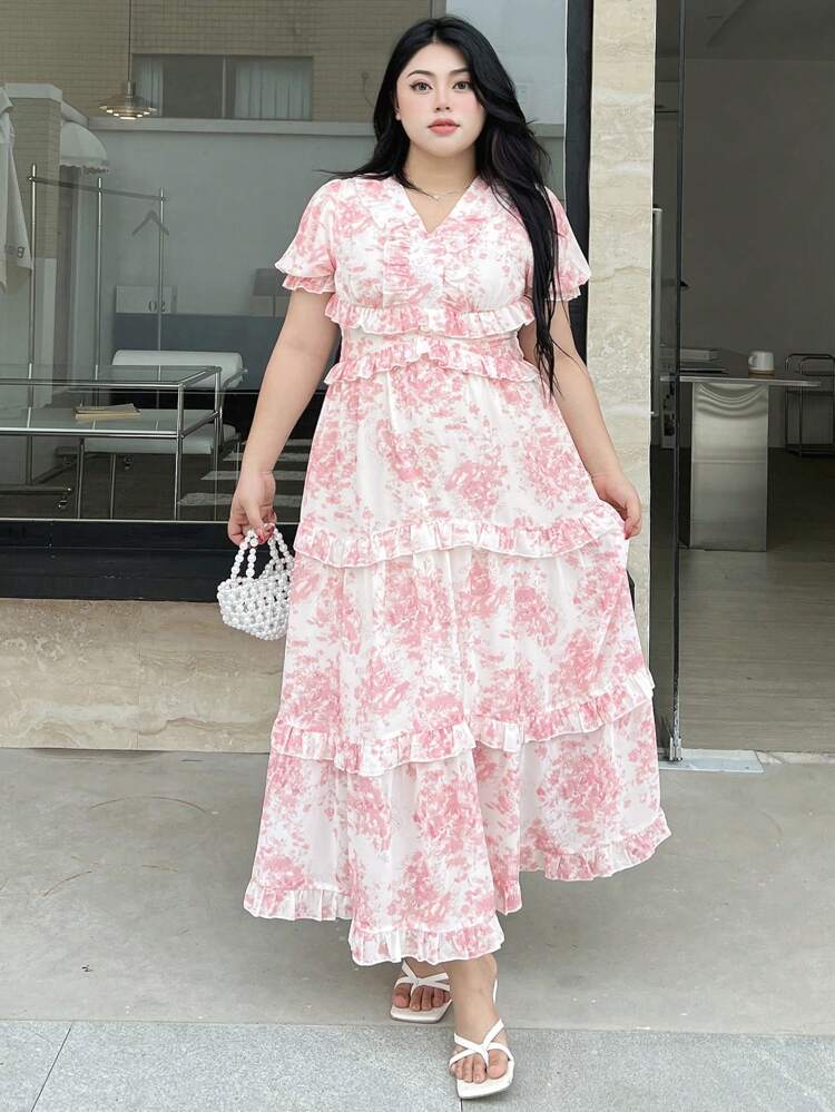 Dazy Petite Plus Plus Size Women's Random Printed Simple Daily Short Sleeve Dress,Ruffle Vacation Floral Maxi Dress Boho