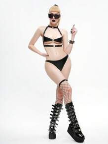 SHEIN 女士哥特时尚深色束缚风格性感内衣套装 - 黑色 - 查看 3