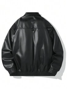 Manfinity EZcore Men's Solid Color Simple Daily Jacket, Going Out Street Wear Black Long Sleeve Motorcycle Jacket, For Friends, Husband, Boyfriend Gifts, For Fall Winter - Black - View 2