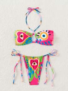 Swim Mod 女士眼睛印花露背領帶性感比基尼套裝，適用於夏季沙灘 - 彩色 - 查看 5