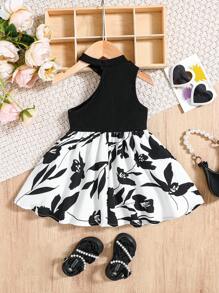 SHEIN Summer Knit Patchwork Floral Pattern Sleeveless One Shoulder Dress For Baby Girl - Black and White - View 2