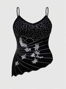 Goth Plus Size Họa tiết thêu hoa và bướm viền không đều Áo yếm - màu đen - Xem 1
