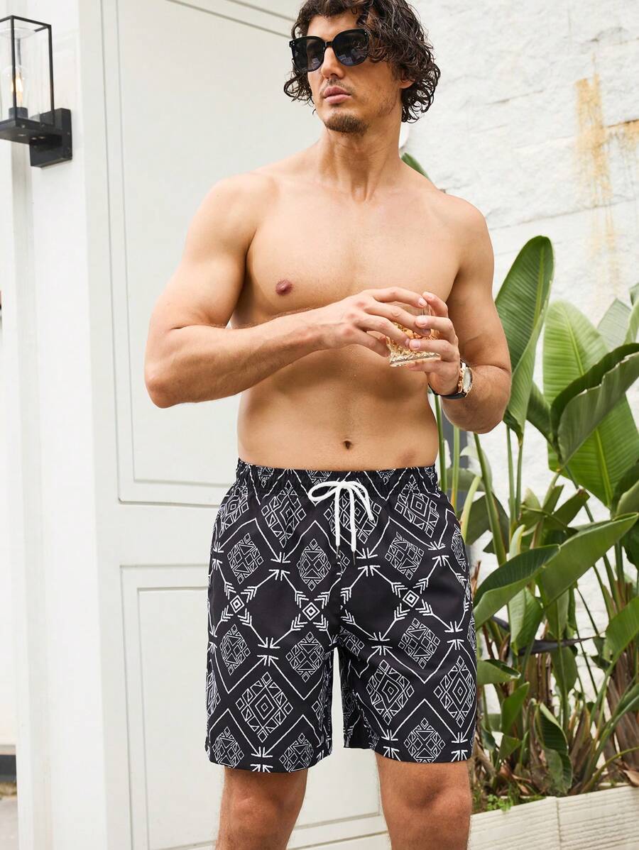 Surfspeed Men's Geometric Printed Drawstring Waist Beach Shorts For Vacation - Black - View 1