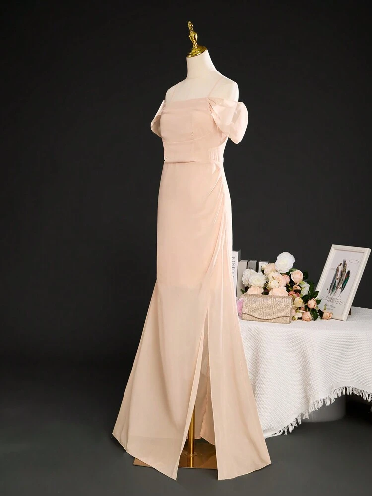 Teen Girl Wedding Season Chiffon Bridesmaid Dress With Ruffle Trim, Off Shoulder And High Slit, For Wedding, Prom, Birthday Party Evening Gown