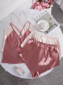 SilkySpell 2 Conjuntos de Pijama con Top Tipo Camiseta y Pantalón Corto de unicolor Tipo Seda con Diseño de Espalda Abierta Grande - Multicolor - Ver 2