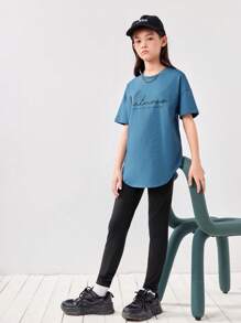 SHEIN Leap Crew 女大童標語圖案弧形下擺T恤和緊身褲 - 彩色 - 查看 4