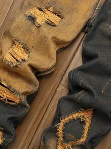 Men's Fashionable Distressed Color Block Denim Jeans - Multicolor - View 4
