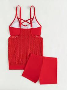 SHEIN Swim Women's Solid Color Hollow Out Cami And High Waisted Tankini Set Summer - Red - View 2