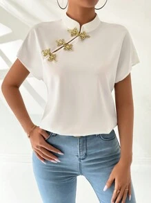 Chiquease Camisa de lino de manga corta con botones al estilo chino para mujer - Blanco - Ver 6