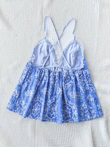 Soleia Women's Summer Romantic Countryside Style Embroidered Collar With White Flowers On Blue Background, Lace Patchwork, Front Bowknot, Strap, Open Back, Cross Design, Perfect For Afternoon Tea Party, Graduation Season