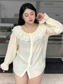 Dazy Petite Plus Camisa de manga larga con volantes y hombros descubiertos de unicolor, informal, para primavera/verano, tallas grandes, blusa de hombros descubiertos, ropa de mujer para otoño - Blanco - Ver 6